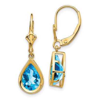 14K Gelbgold Ohrhänger mit birnenförmigem blauem Topas, 10x7 mm, mit Leverback-Verschluss