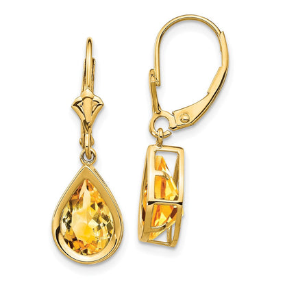 14K Gelbgold Ohrhänger mit birnenförmigem Citrin, 10 x 7 mm, mit Leverback-Verschluss