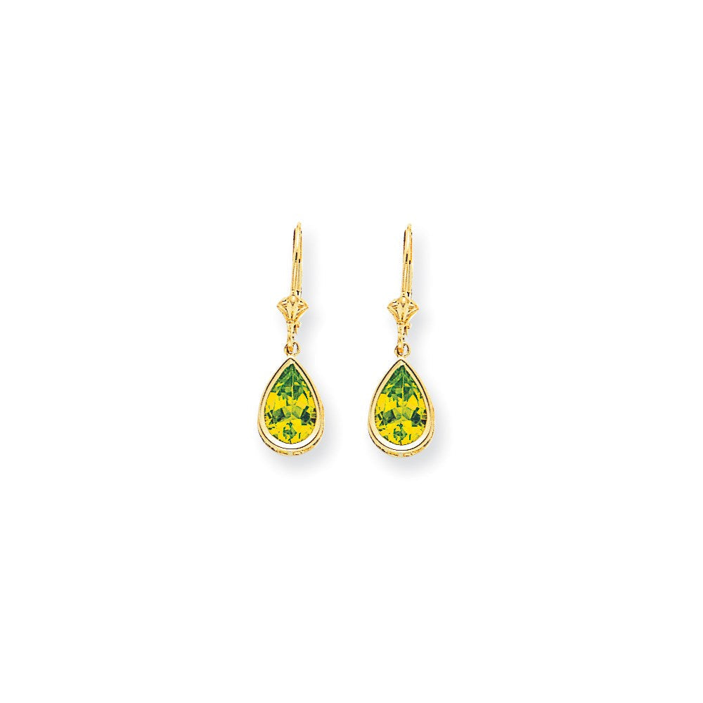 14K Gelbgold Ohrhänger mit birnenförmigem Peridot im Schachbrettschliff, 10x7 mm, mit Klappbrisur