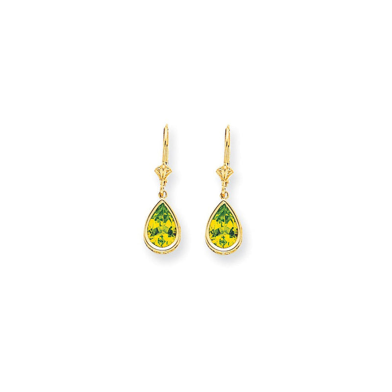14K Gelbgold Ohrhänger mit birnenförmigem Peridot im Schachbrettschliff, 10x7 mm, mit Klappbrisur