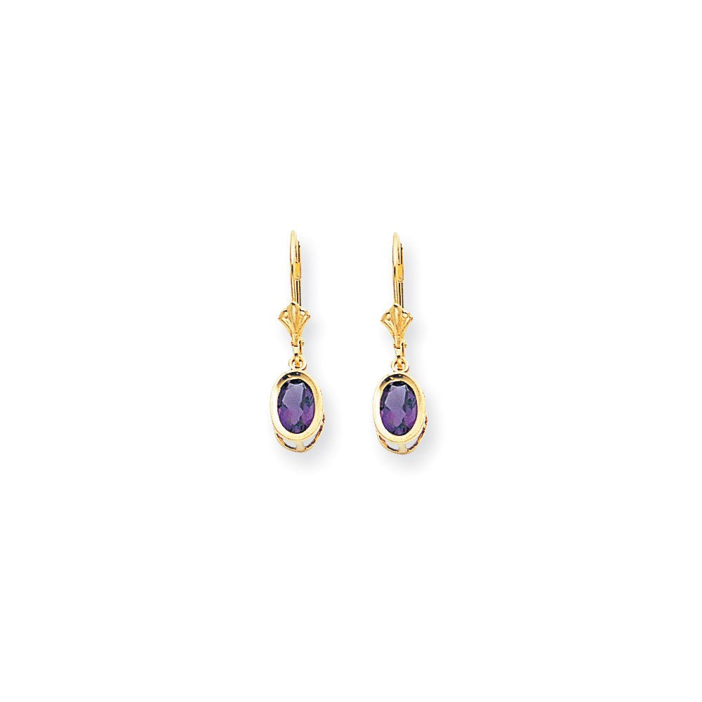 14K Gelbgold Ohrhänger mit ovalem Amethyst-Schachbrettschliff (7x5mm) und Leverback-Verschluss