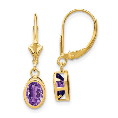 14K Gelbgold Ohrhänger mit ovalem Amethyst, 7 x 5 mm, mit Leverback-Verschluss