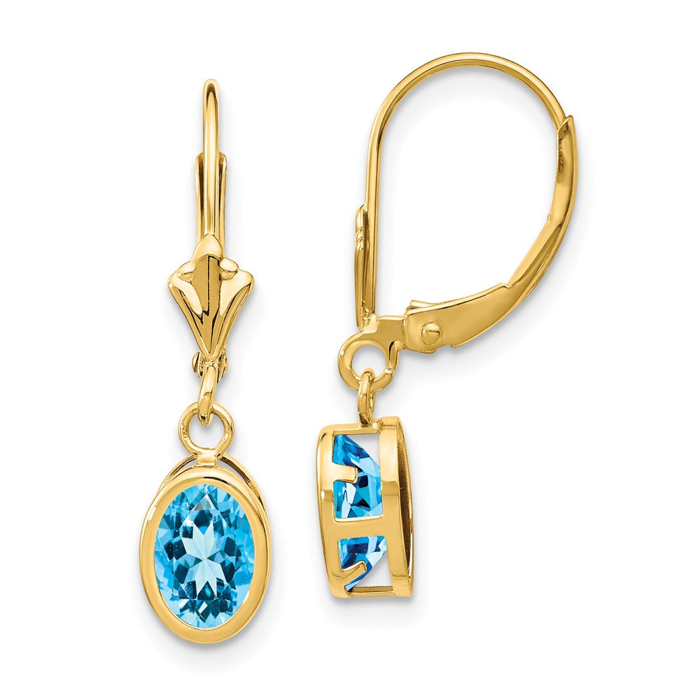 14K Gelbgold Ohrringe mit ovalem blauem Topas (7x5mm) und Leverback-Verschluss