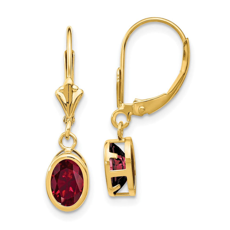 14K Gelbgold Ohrringe mit ovalem synthetischem Rubin (7 x 5 mm) und Brisurverschluss