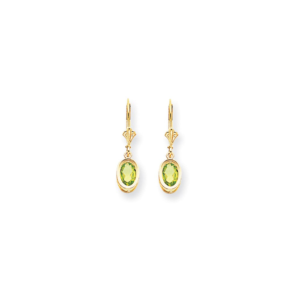 14K Gelbgold Ohrhänger mit ovalem Peridot im Schachbrettschliff (7 x 5 mm) und Federverschluss
