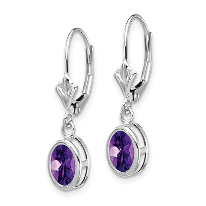 14K Weißgold Ohrhänger mit ovalem Amethyst, 7x5 mm, Leverback-Verschluss
