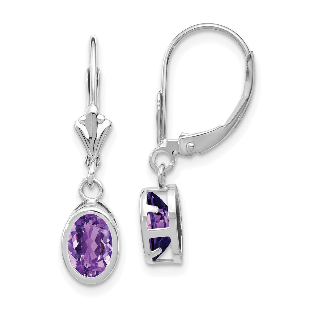 14K Weißgold Ohrhänger mit ovalem Amethyst, 7x5 mm, Leverback-Verschluss