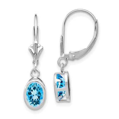 14K Weißgold Ohrhänger mit 7x5 mm ovalem Blautopas und Leverback-Verschluss