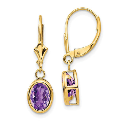 14K Gelbgold Ohrhänger mit ovalem Amethyst, 8x6 mm, Brisur-Verschluss