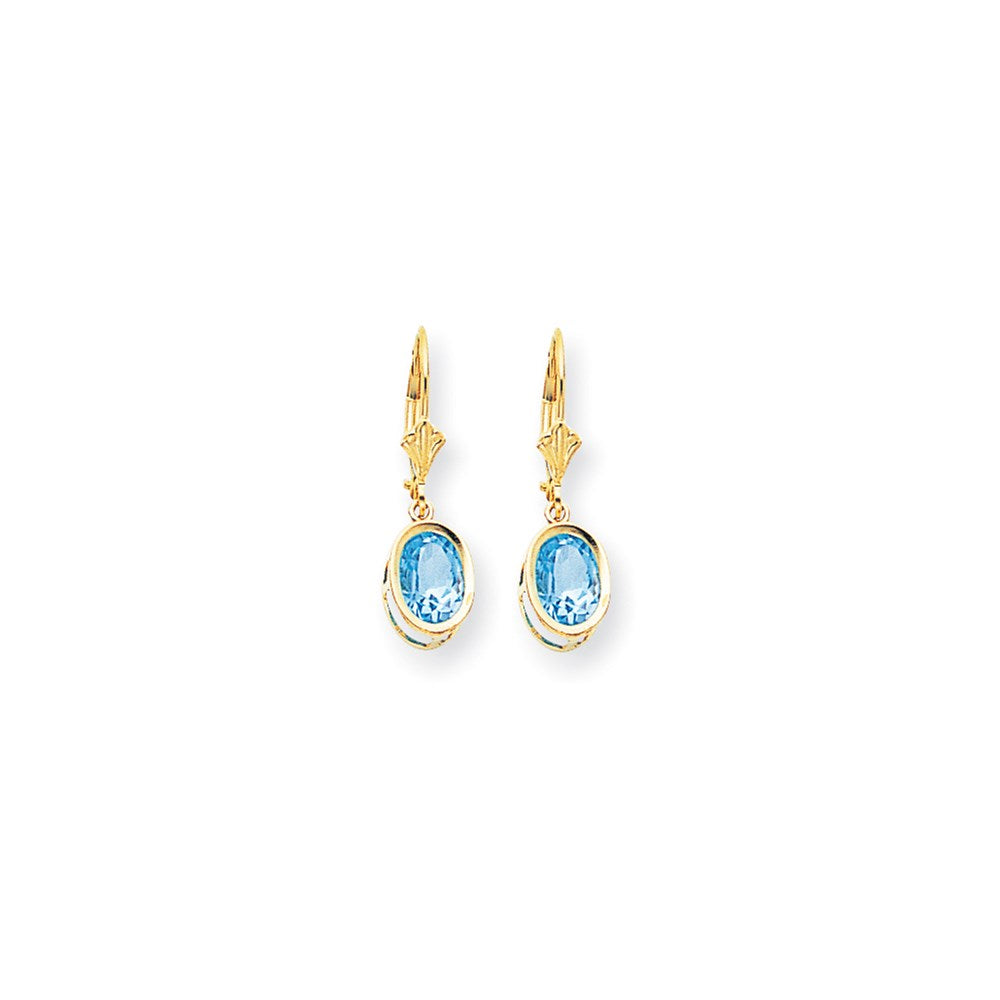 14K Gelbgold Ohrhänger mit ovalem Blautopas im Schachbrettschliff (8x6 mm) und Leverback-Verschluss