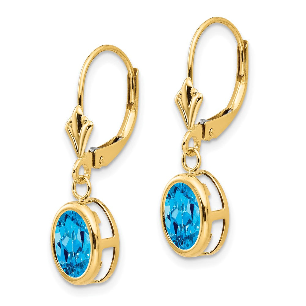 14K Gelbgold Ohrringe mit ovalem blauem Topas, 8x6 mm, mit Brisurverschluss