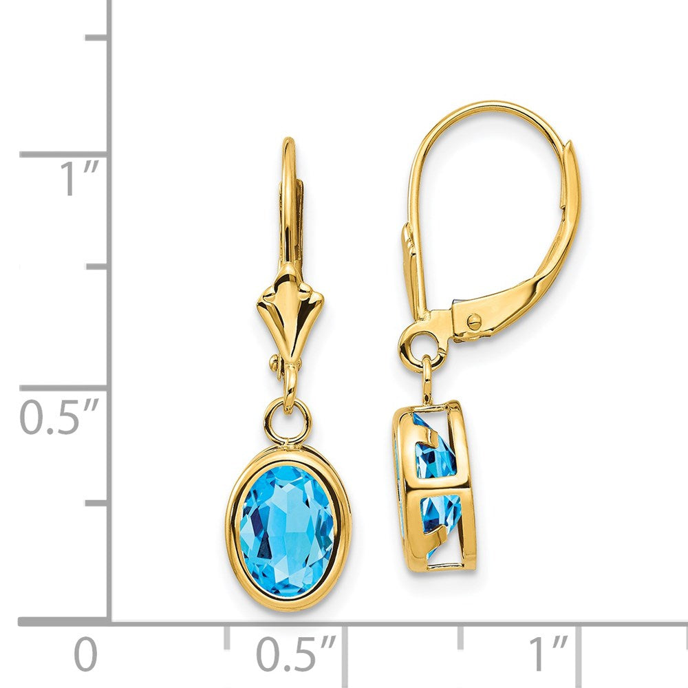 14K Gelbgold Ohrringe mit ovalem blauem Topas, 8x6 mm, mit Brisurverschluss