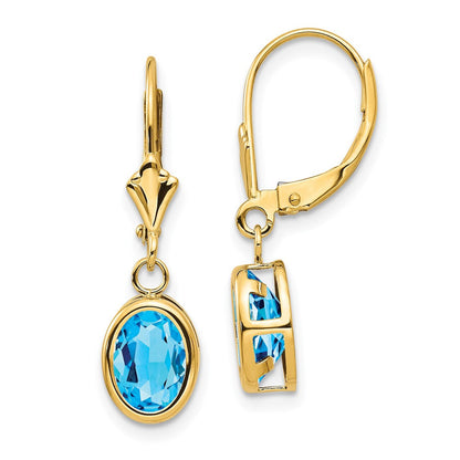 14K Gelbgold Ohrringe mit ovalem blauem Topas, 8x6 mm, mit Brisurverschluss