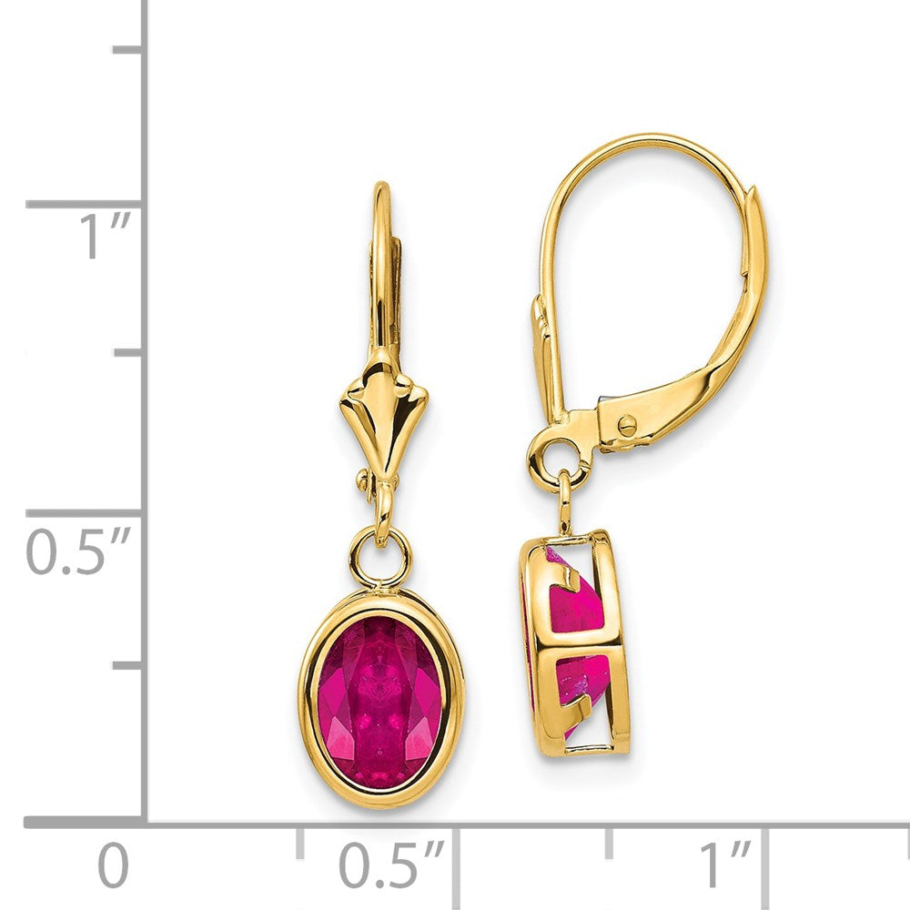 14K Gelbgold Ohrringe mit ovalem synthetischem Rubin, 8x6mm, mit Leverback-Verschluss