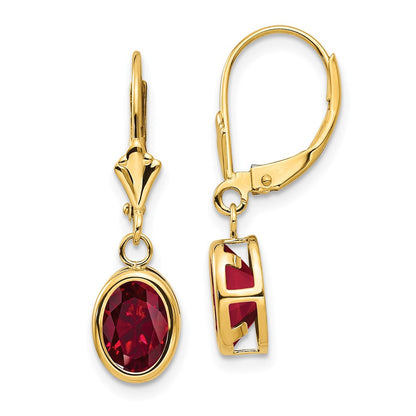 14K Gelbgold Ohrringe mit ovalem synthetischem Rubin, 8x6mm, mit Leverback-Verschluss