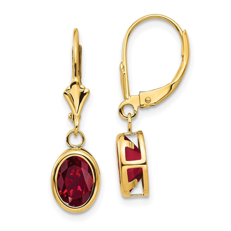 14K Gelbgold Ohrringe mit ovalem synthetischem Rubin, 8x6mm, mit Leverback-Verschluss