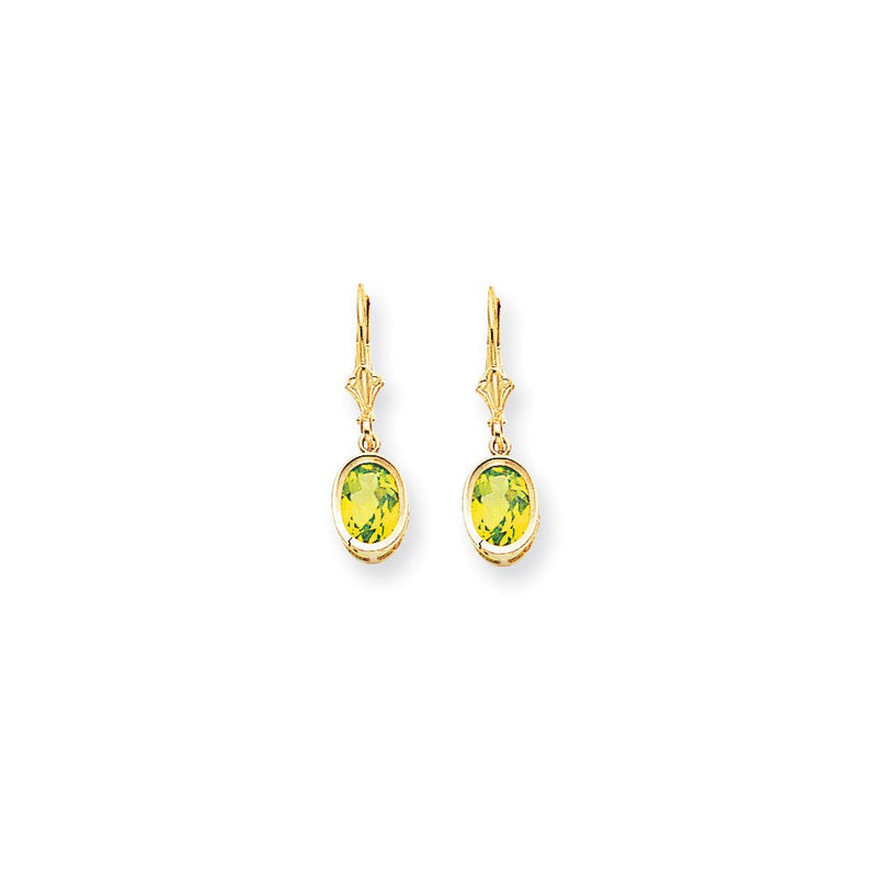 14K Gelbgold Ohrringe mit ovalem 8x6 mm Peridot im Karo-Schliff und Hebelverschluss