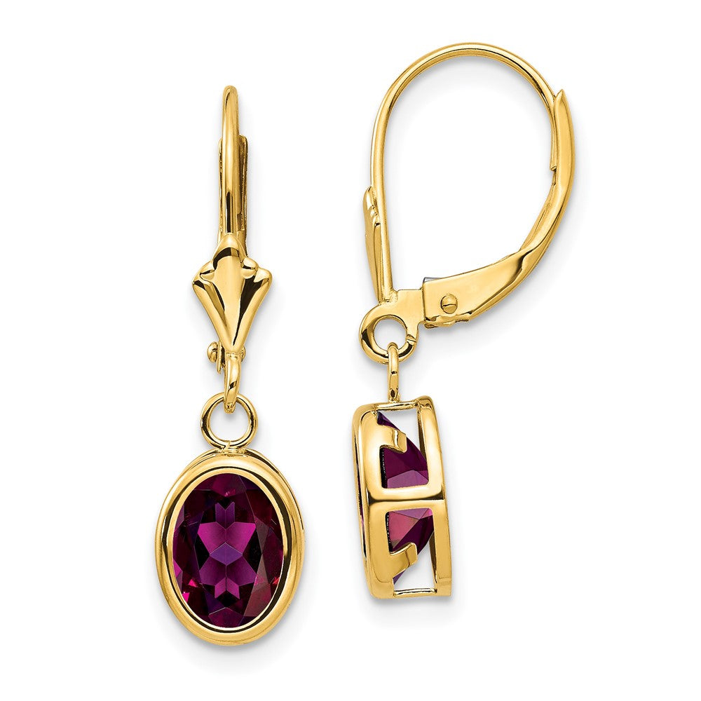 14K Gelbgold Ohrhänger mit ovalem Rhodolith-Granat, 8x6 mm, mit Leverback-Verschluss