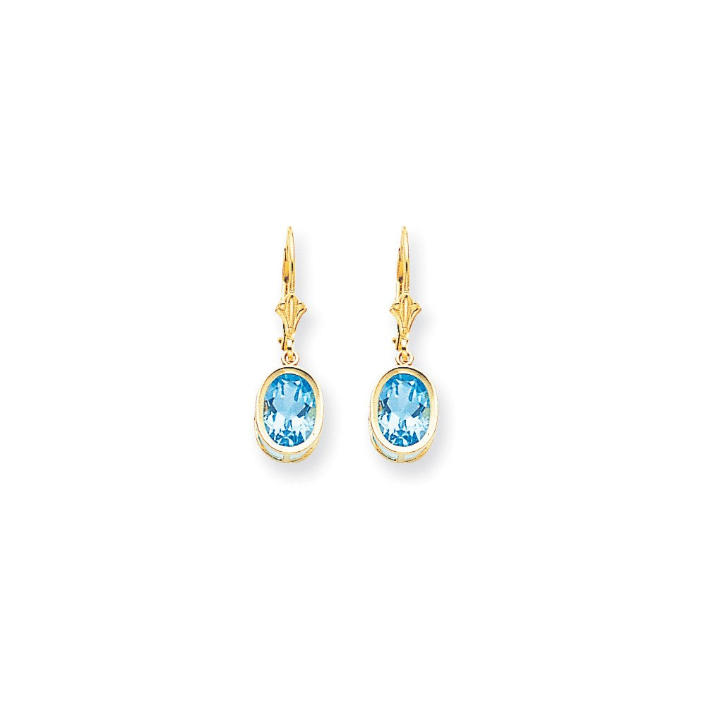 14K Gold Ohrringe mit ovalem blauem Topas, 9x7 mm, mit Klappbrisur