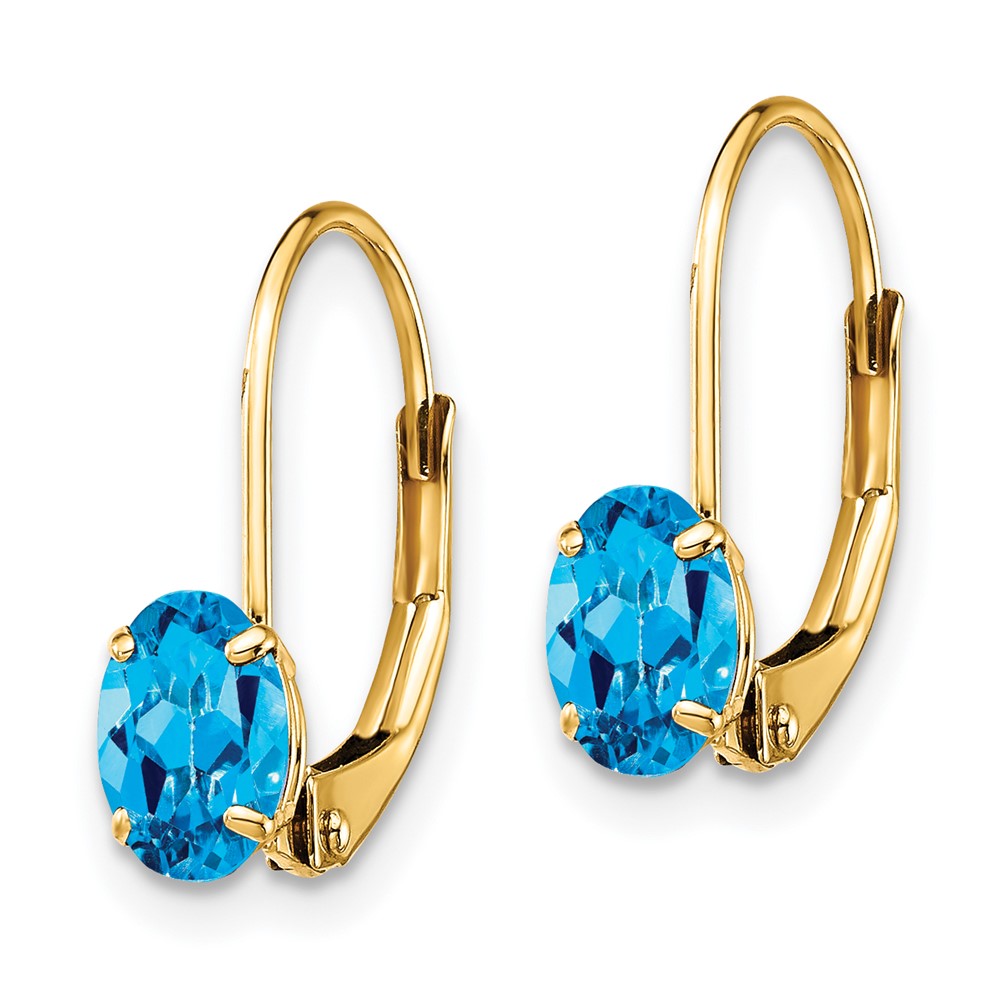 14K Gelbgold Ohrringe mit ovalem blauem Topas, 6x4 mm, mit Leverback-Verschluss