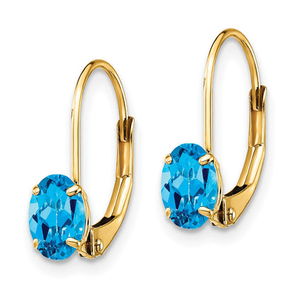 14K Gelbgold Ohrringe mit ovalem blauem Topas, 6x4 mm, mit Leverback-Verschluss