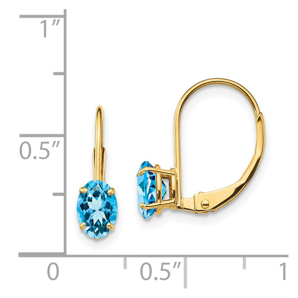14K Gelbgold Ohrringe mit ovalem blauem Topas, 6x4 mm, mit Leverback-Verschluss
