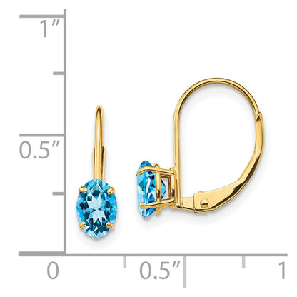 14K Gelbgold Ohrringe mit ovalem blauem Topas, 6x4 mm, mit Leverback-Verschluss