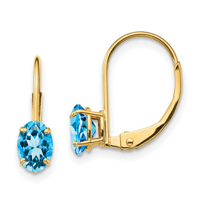 14K Gelbgold Ohrringe mit ovalem blauem Topas, 6x4 mm, mit Leverback-Verschluss
