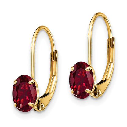 14K Gelbgold Ohrringe mit ovalem synthetischem Rubin, 6 x 4 mm, mit Leverback-Verschluss