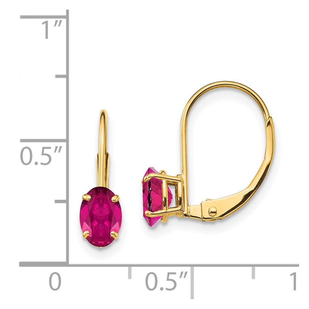 14K Gelbgold Ohrringe mit ovalem synthetischem Rubin, 6 x 4 mm, mit Leverback-Verschluss
