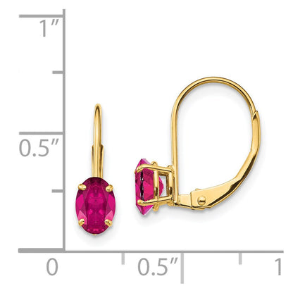 14K Gelbgold Ohrringe mit ovalem synthetischem Rubin, 6 x 4 mm, mit Leverback-Verschluss