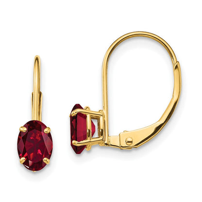 14K Gelbgold Ohrringe mit ovalem synthetischem Rubin, 6 x 4 mm, mit Leverback-Verschluss