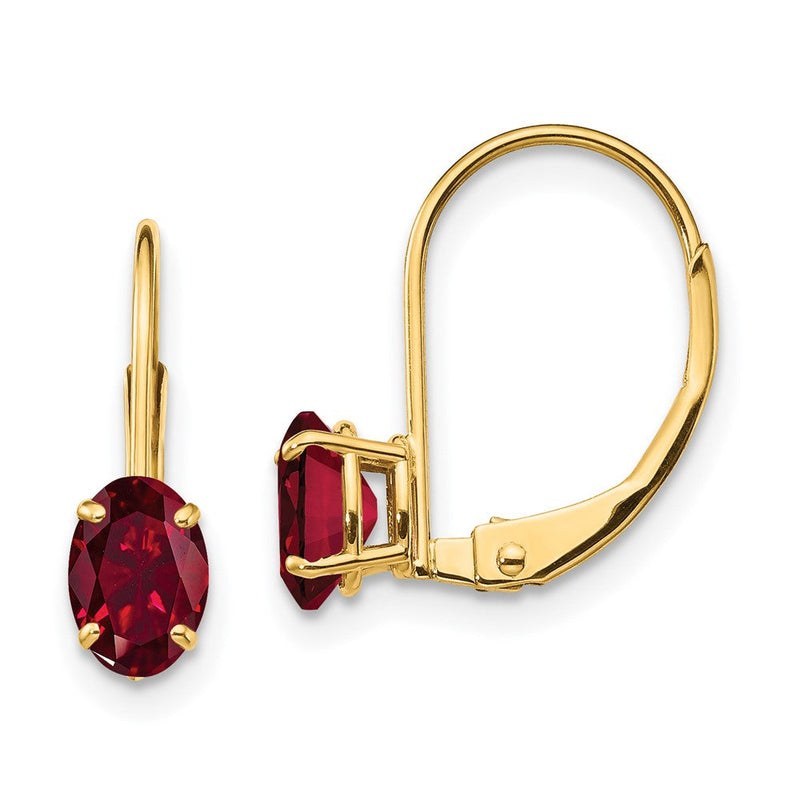 14K Gelbgold Ohrringe mit ovalem synthetischem Rubin, 6 x 4 mm, mit Leverback-Verschluss