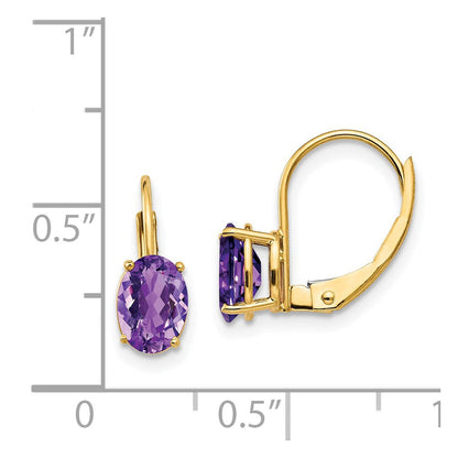14K Gelbgold Ohrringe mit ovalem Amethyst, 7 x 5 mm, mit Leverback-Verschluss