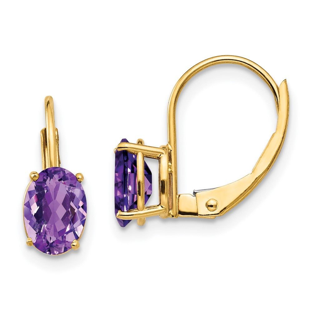 14K Gelbgold Ohrringe mit ovalem Amethyst, 7 x 5 mm, mit Leverback-Verschluss