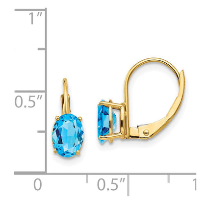 14K Gelbgold Ohrringe mit ovalem blauem Topas, 7x5 mm, mit Leverback-Verschluss