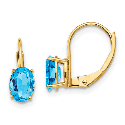 14K Gelbgold Ohrringe mit ovalem blauem Topas, 7x5 mm, mit Leverback-Verschluss