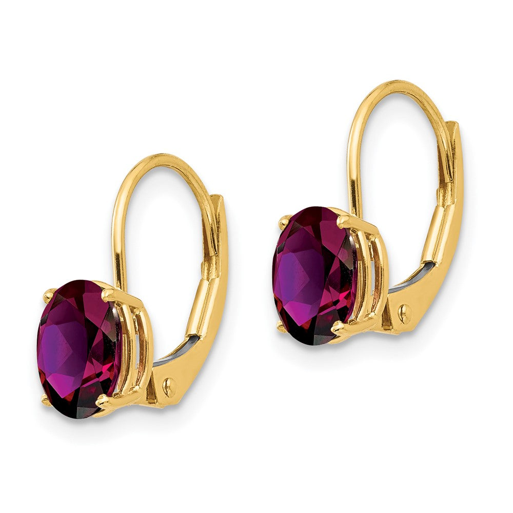 14K Gelbgold Ohrhänger mit 7x5 mm ovalem Rhodolith-Granat und Leverback-Verschluss
