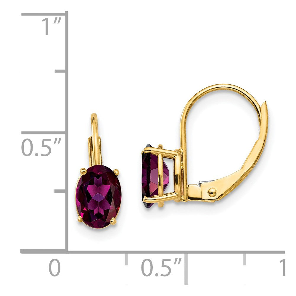 14K Gelbgold Ohrhänger mit 7x5 mm ovalem Rhodolith-Granat und Leverback-Verschluss