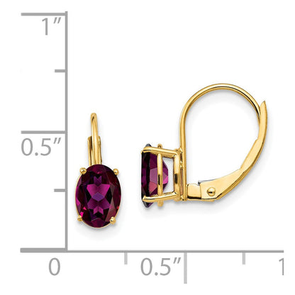 14K Gelbgold Ohrhänger mit 7x5 mm ovalem Rhodolith-Granat und Leverback-Verschluss