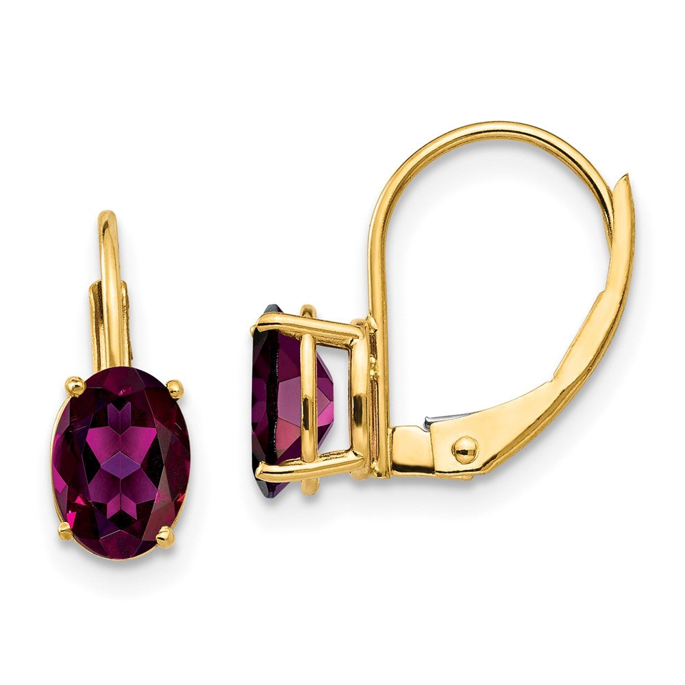 14K Gelbgold Ohrhänger mit 7x5 mm ovalem Rhodolith-Granat und Leverback-Verschluss