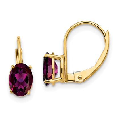 14K Gelbgold Ohrhänger mit 7x5 mm ovalem Rhodolith-Granat und Leverback-Verschluss