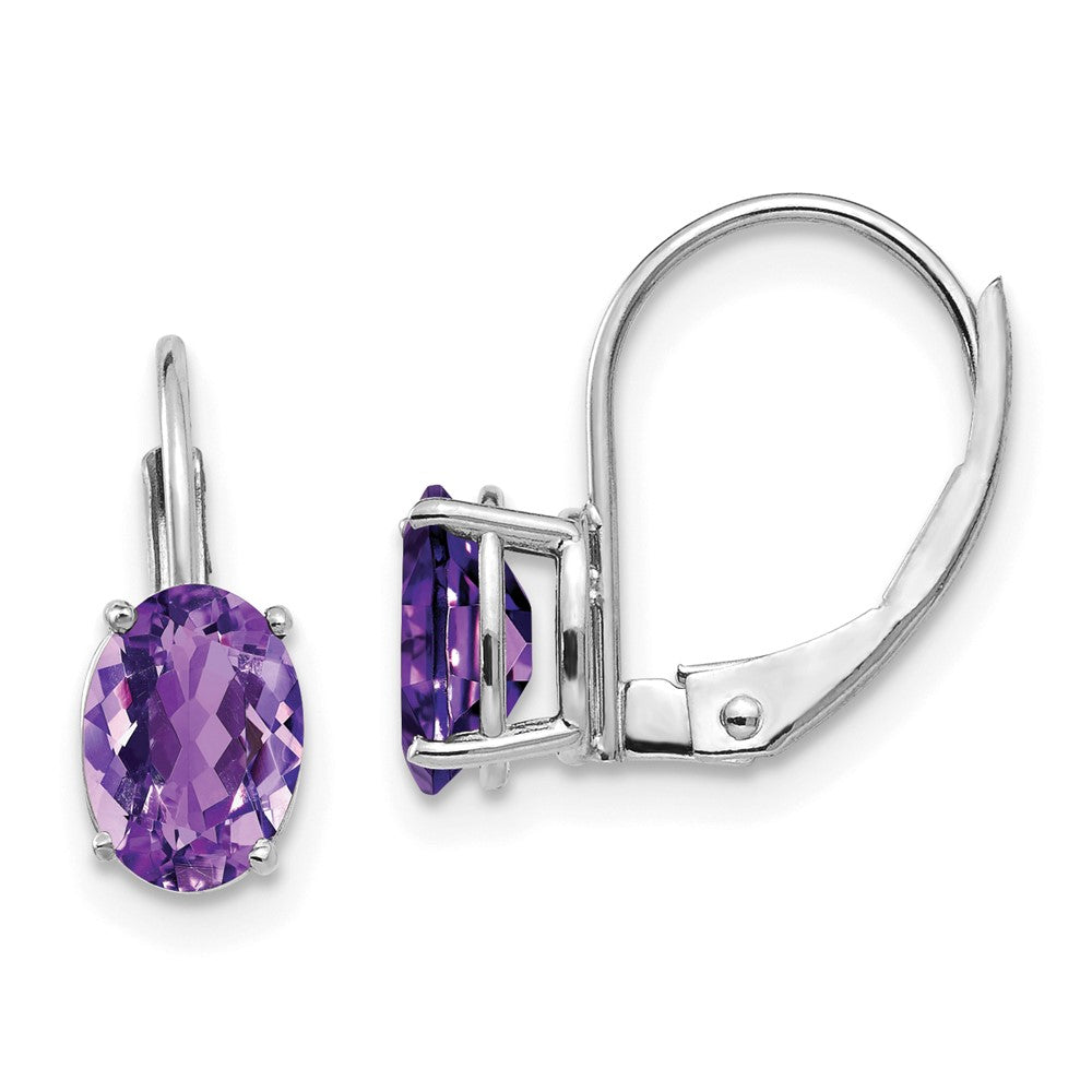 14K Weißgold Ohrringe mit ovalem Amethyst, 7 x 5 mm, mit Brisurverschluss