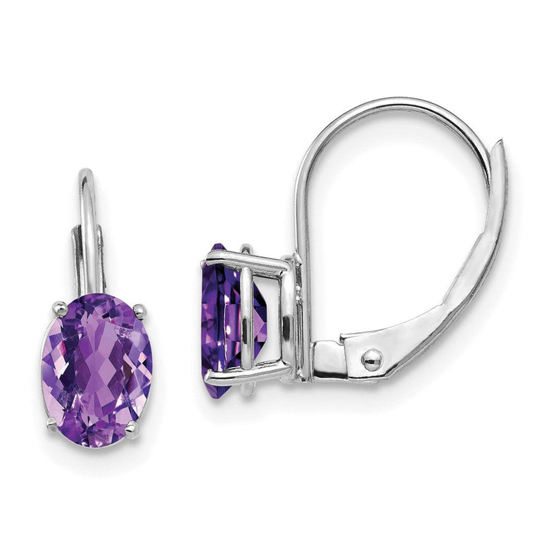 14K Weißgold Ohrringe mit ovalem Amethyst, 7 x 5 mm, mit Brisurverschluss