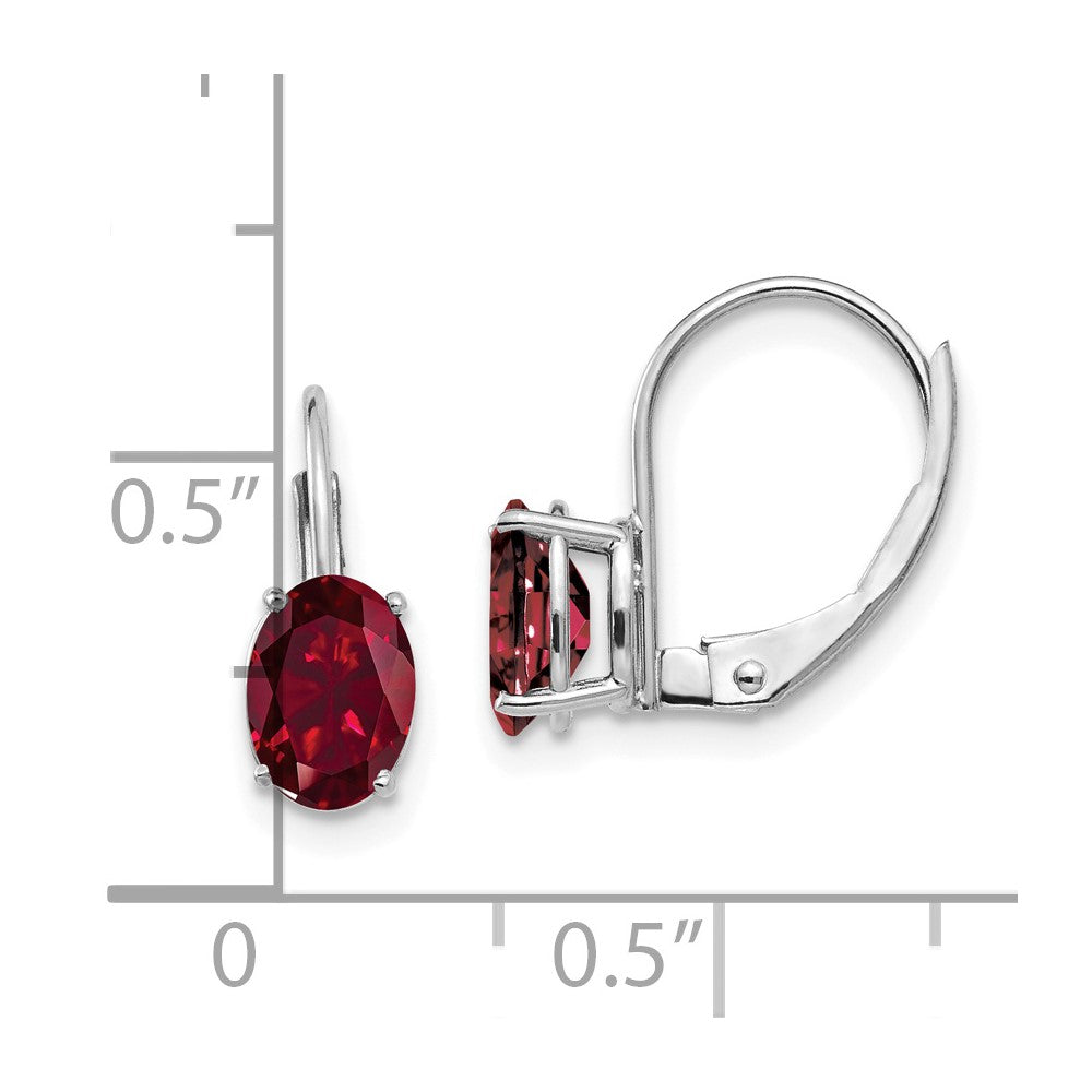 14K Weißgold Ohrhänger mit ovalem synthetischem Rubin, 7x5mm, Leverback-Verschluss