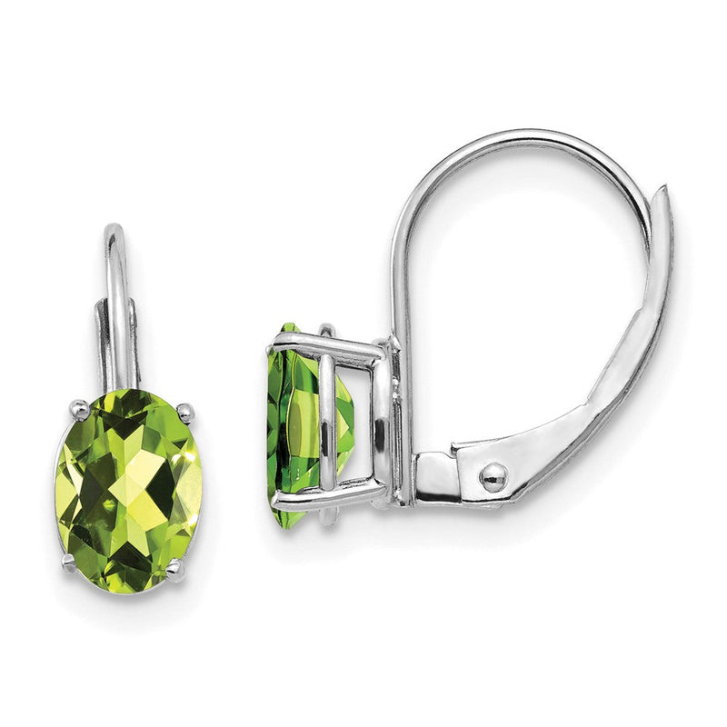 14K Weißgold Ohrringe mit ovalem Peridot 7 x 5 mm und Brisurverschluss
