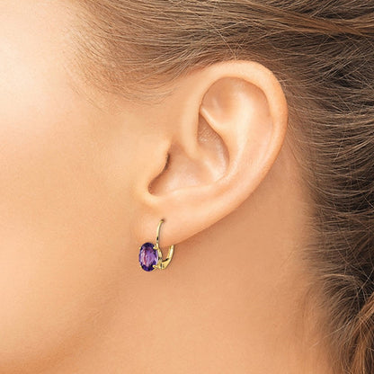 14K Gelbgold Ohrhänger mit 8x6mm ovalem Amethyst und Leverback-Verschluss