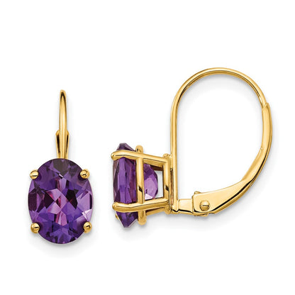 14K Gelbgold Ohrhänger mit 8x6mm ovalem Amethyst und Leverback-Verschluss