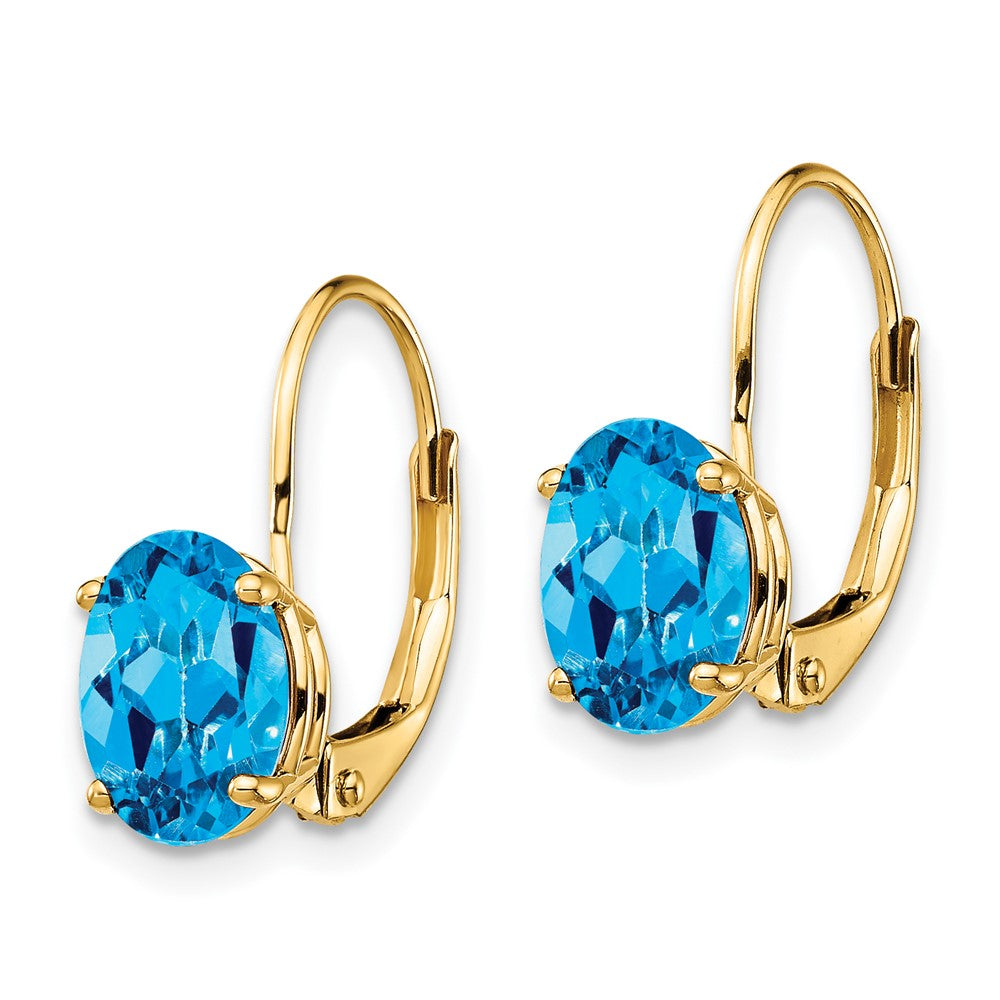 14K Gelbgold Ohrringe mit ovalem blauem Topas, 8 x 6 mm, mit Leverback-Verschluss