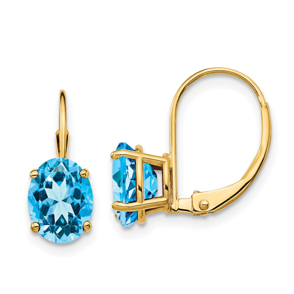 14K Gelbgold Ohrringe mit ovalem blauem Topas, 8 x 6 mm, mit Leverback-Verschluss